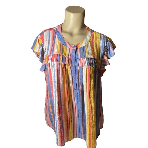 Zac & Rachel Top L Multicolor Striped‎ Ruffle Sleeve Blouse Large - Picture 5 of 11